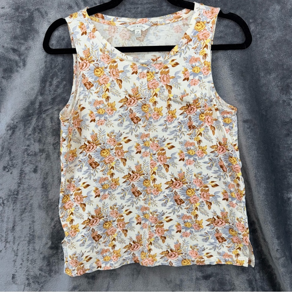 Lucky Brand Cream Rust Blue Floral Pocket Tank Top Shirt Size Small
